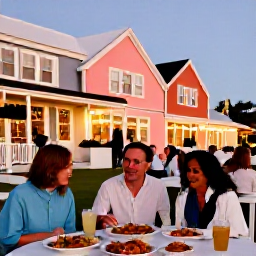Caribbean Holidays, Bermuda Solo Holidays, Friendly solo traveller dining at an outdoor restaurant in Bermuda, with local seafood, pastel buildings and evening lights