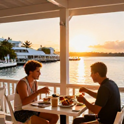 Caribbean Holidays, Bermuda Solo Holidays, Outdoor restaurant in Bermuda at sunset with a solo diner enjoying fresh seafood, harbour views and warm September light