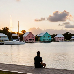 Caribbean Holidays, Bermuda Solo Holidays, Peaceful Bermuda harbour at dusk with pastel houses, sailboats and a solo traveller watching the sunset from a waterfront promenade