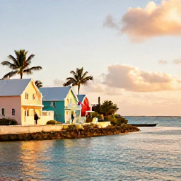Caribbean Holidays, Bermuda Solo Holidays, Peaceful Bermuda waterfront at sunset, with a solo traveller walking near pastel cottages, palm trees and calm blue water