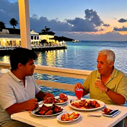 Caribbean Holidays, Bermuda Solo Holidays, Solo diner enjoying fresh Bermuda seafood at a relaxed waterfront restaurant at sunset, colourful harbour lights and island atmosphere