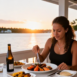 Caribbean Holidays, Bermuda Solo Holidays, Solo diner enjoying fresh seafood at a relaxed waterfront restaurant in Bermuda at sunset