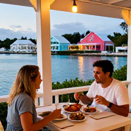 Caribbean Holidays, Bermuda Solo Holidays, Solo diner enjoying fresh seafood at an outdoor restaurant in Bermuda, with harbour views, pastel buildings and a warm May evening