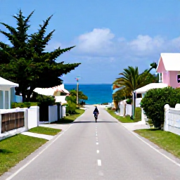 Caribbean Holidays, Bermuda Solo Holidays, Solo traveller cycling along a quiet coastal road past Bermuda's blue sea, pastel houses and lush greenery