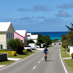 Caribbean Holidays, Bermuda Solo Holidays, Solo traveller cycling along a scenic Bermuda coastal road past pastel houses, green landscape and ocean views