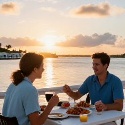 Caribbean Holidays, Bermuda Solo Holidays, Solo traveller dining at an outdoor restaurant in Bermuda at sunset with fresh seafood and harbour views