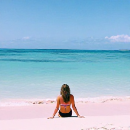 Caribbean Holidays, Bermuda Solo Holidays, Solo traveller relaxing on a pink-sand beach in Bermuda in bright June sunshine, calm turquoise water and pastel beach scenery