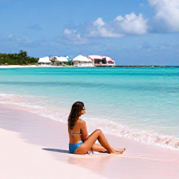 Caribbean Holidays, Bermuda Solo Holidays, Solo traveller relaxing on a quiet pink-sand beach in Bermuda in warm May sunshine, turquoise water and pastel cottages in the distance