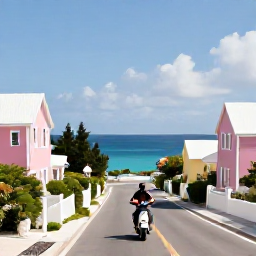 Caribbean Holidays, Bermuda Solo Holidays, Solo traveller riding a scooter along a scenic coastal road in Bermuda past pastel houses and ocean views