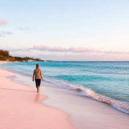 Caribbean Holidays, Bermuda Solo Holidays, Solo traveller walking along a quiet pink-sand beach in Bermuda in April, clear turquoise water and soft morning sunlight