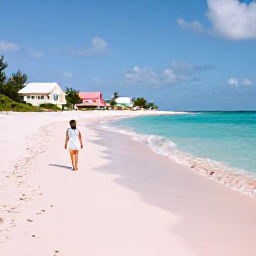 Caribbean Holidays, Bermuda Solo Holidays, Solo traveller walking along a quiet pink-sand beach in Bermuda with turquoise water and pastel cottages in the distance