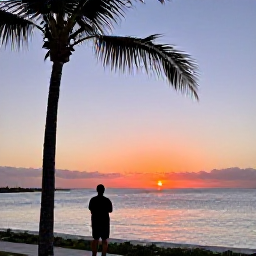 Caribbean Holidays, Bermuda Solo Holidays, Solo traveller watching a vivid Bermuda sunset beside the ocean, pastel sky, calm water and palm trees in August
