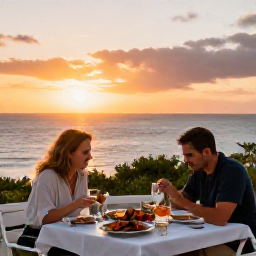 Caribbean Holidays, Bermuda Solo October, Friendly outdoor restaurant in Bermuda with a solo diner enjoying fresh seafood at sunset