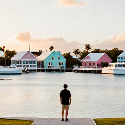Caribbean Holidays, Bermuda Solo October, Peaceful Bermuda harbour at golden hour with pastel houses, calm water and a solo traveller looking across the view