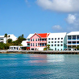 Caribbean Holidays, Bermuda Solo October, Sunny Hamilton waterfront with pastel buildings, palm trees and a solo visitor exploring Bermuda