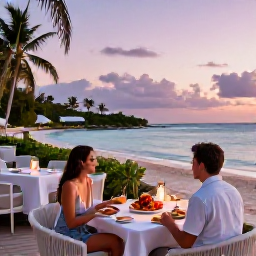 Caribbean Holidays, Bermuda Spa Breaks, A couple relaxing at a Bermuda beachfront restaurant at sunset, with fresh seafood, elegant tables and pastel evening light