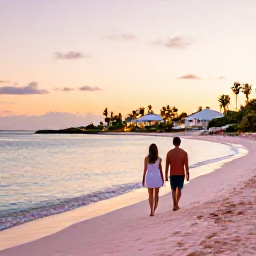 Caribbean Holidays, Bermuda Spa Breaks, A couple walking barefoot along a pink-sand Bermuda beach at sunset, with calm water and softly lit coastal scenery