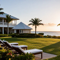 Caribbean Holidays, Bermuda Spa Breaks, A peaceful Bermuda resort garden at sunrise, with a spa hotel, tropical plants, comfortable loungers and a view of the ocean