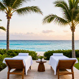 Caribbean Holidays, Bermuda Spa Breaks, A tranquil Bermuda spa overlooking a turquoise sea, with treatment rooms, palm trees and soft February sunshine