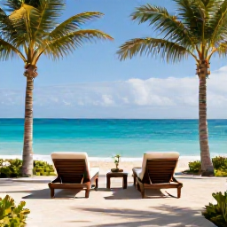 Caribbean Holidays, Bermuda Spa Breaks, A tranquil luxury spa overlooking the turquoise sea in Bermuda, with palm trees, sun loungers and a relaxed August atmosphere