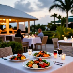 Caribbean Holidays, Bermuda Spa Breaks, An elegant Bermuda restaurant terrace at dusk, serving fresh seafood and colourful salads, with tropical greenery and relaxed guests