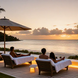 Caribbean Holidays, Bermuda Spa Breaks, Bermuda beach at sunset with a comfortable hotel terrace, warm lights, calm water and a couple relaxing after a spa day