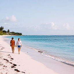 Caribbean Holidays, Bermuda Spa Breaks, Bermuda pink-sand beach with clear water, a couple walking beside the sea and soft March light