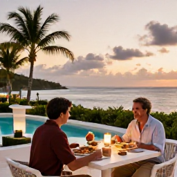Caribbean Holidays, Bermuda Spa Breaks, Bermuda resort terrace at sunset with a couple enjoying a healthy dinner, soft lights, palm trees and an ocean view