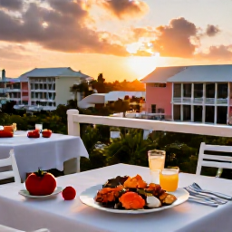 Caribbean Holidays, Bermuda Spa Breaks, Bermuda restaurant terrace serving fresh seafood at sunset with pastel buildings in the background