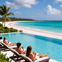 Caribbean Holidays, Bermuda Spa Breaks, Bermuda spa guests relaxing beside an infinity pool overlooking turquoise water and a pink-sand beach on a sunny October day