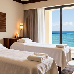 Caribbean Holidays, Bermuda Spa Breaks, Bermuda spa treatment room with natural light, soft towels, candles and views towards a calm blue sea