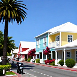 Caribbean Holidays, Bermuda Spa Breaks, Colourful Bermuda town street with pastel buildings, flowering gardens, a scooter and relaxed visitors exploring in June sunshine