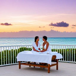Caribbean Holidays, Bermuda Spa Breaks, Couple enjoying a peaceful sunset from a Bermuda hotel terrace after a spa treatment, with pastel sky and ocean views