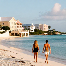 Caribbean Holidays, Bermuda Spa Breaks, Couple enjoying a peaceful waterfront walk in Bermuda, pastel buildings, clear sea and gentle November afternoon light