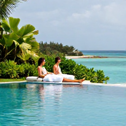 Caribbean Holidays, Bermuda Spa Breaks, Couple relaxing beside a Bermuda infinity pool after a spa treatment, with lush gardens and clear blue water in the background