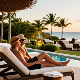 Caribbean Holidays, Bermuda Spa Breaks, Couple relaxing in a luxurious Bermuda spa lounge with tropical garden views and warm evening light