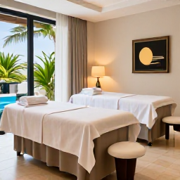 Caribbean Holidays, Bermuda Spa Breaks, Elegant Bermuda resort spa interior with natural light, tropical plants, calm treatment rooms and folded white towels
