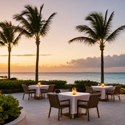 Caribbean Holidays, Bermuda Spa Breaks, Elegant Bermuda resort terrace at sunset with outdoor dining, softly lit palm trees and a calm ocean horizon