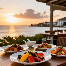 Caribbean Holidays, Bermuda Spa Breaks, Elegant Bermuda restaurant terrace serving fresh seafood and colourful healthy dishes at sunset