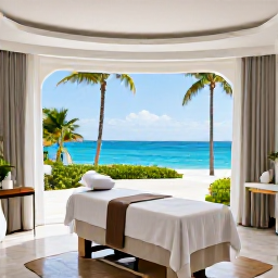 Caribbean Holidays, Bermuda Spa Breaks, Elegant Bermuda spa resort overlooking the sea, showing a treatment room, palm trees and a peaceful terrace