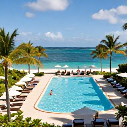Caribbean Holidays, Bermuda Spa Breaks, Elegant Bermuda spa resort overlooking turquoise water, with a tranquil pool, palm trees and guests relaxing in November sunshine