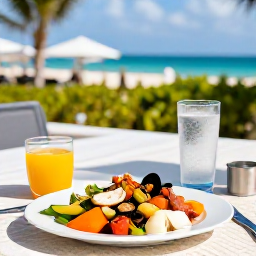 Caribbean Holidays, Bermuda Spa Breaks, Healthy Bermuda lunch with fresh seafood, colourful vegetables and sparkling water on a sunny resort terrace