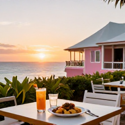 Caribbean Holidays, Bermuda Spa Breaks, Outdoor Bermuda restaurant at sunset with healthy local cuisine, tropical drinks, pastel buildings and ocean views