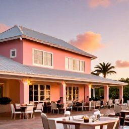 Caribbean Holidays, Bermuda Spa Breaks, Outdoor dining at a stylish Bermuda restaurant at sunset, with fresh seafood, pastel architecture and a relaxed holiday atmosphere