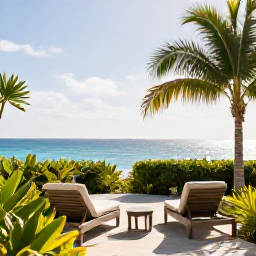 Caribbean Holidays, Bermuda Spa Breaks, Peaceful Bermuda resort terrace overlooking the ocean during a bright February morning, with comfortable loungers and tropical greenery