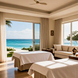 Caribbean Holidays, Bermuda Spa Breaks, Peaceful luxury spa setting in Bermuda with ocean views, soft morning light and elegant treatment rooms