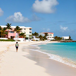 Caribbean Holidays, Bermuda Spa Breaks, Quiet pink-sand Bermuda beach in February with gentle waves, pastel buildings and a visitor taking a peaceful coastal walk