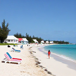 Caribbean Holidays, Bermuda Spa Breaks, Quiet pink-sand Bermuda beach in June, turquoise water, sun loungers, pastel cottages and a visitor enjoying a peaceful coastal walk