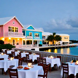 Caribbean Holidays, Bermuda Spa Breaks, Relaxed Bermuda evening scene with outdoor dining, fresh seafood, pastel buildings and warm lights near the waterfront
