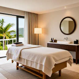 Caribbean Holidays, Bermuda Spa Breaks, Relaxing luxury spa treatment room in a Bermuda resort, soft natural light, tropical details and calm neutral colours